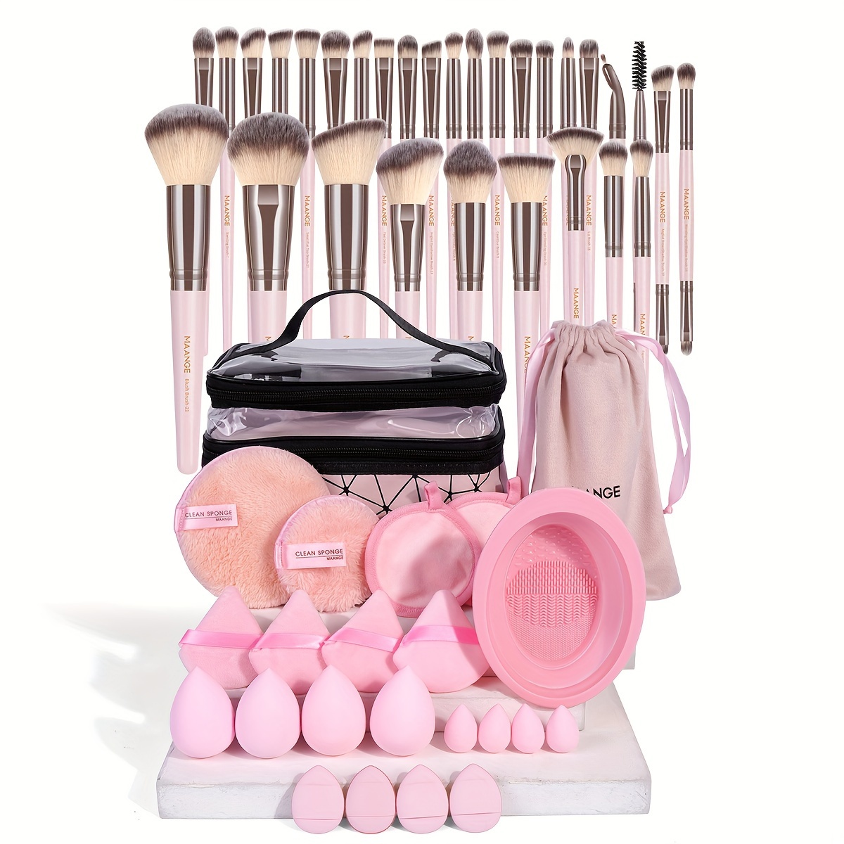 

Maange 53- Makeup Set 30 Brushes, Bag, 16 Sponges, 2 , Towels, Double- Cosmetic Bag - , Unscented, All Types, Portable Makeup Kit, For Christmas