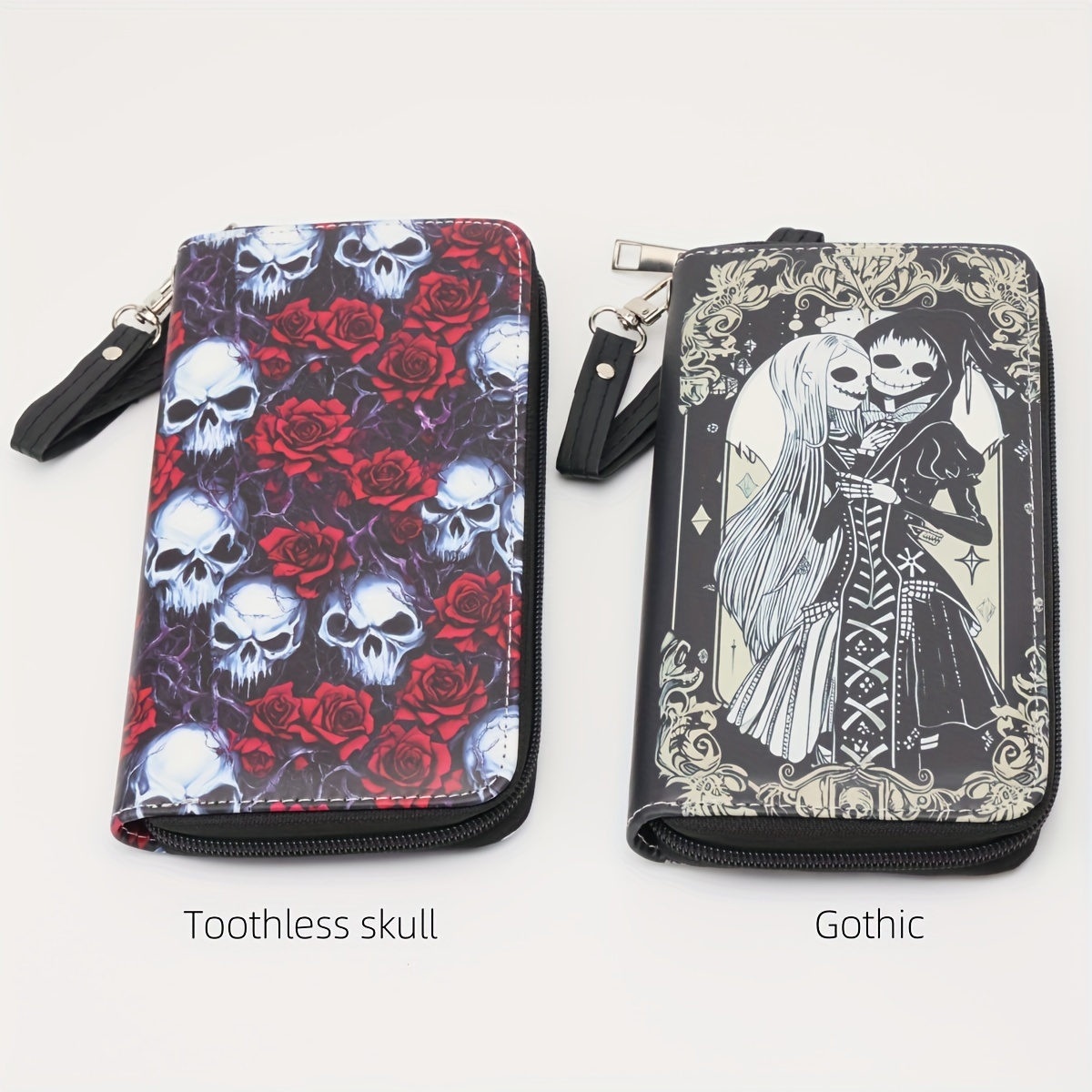 

Day Of The Dead Skull And Gothic Print Long Pu Wallet With Zipper, Durable Polyester Lined Neutral Style Clutch With Multiple Slit Pockets, Easy Care - Wipe With Dry Cloth