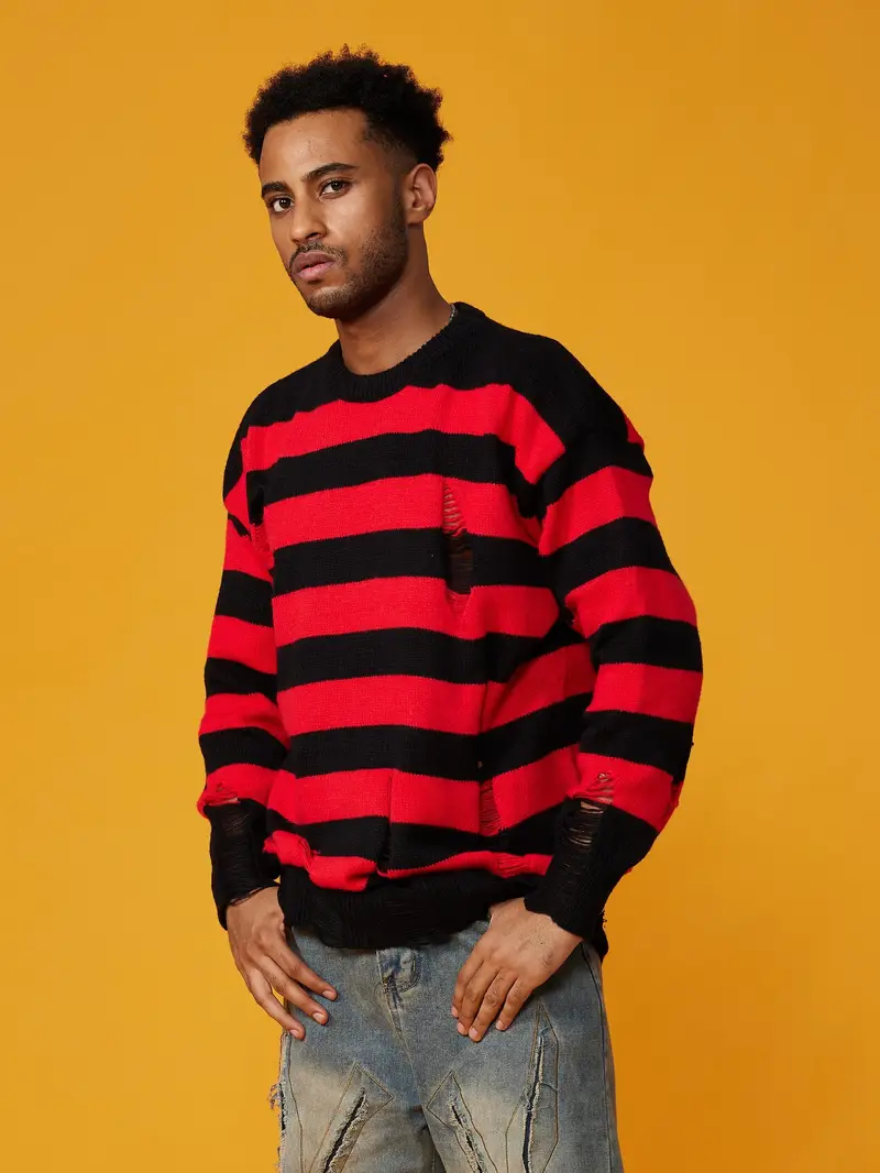 mens casual hip hop sweater red black striped distressed Temu