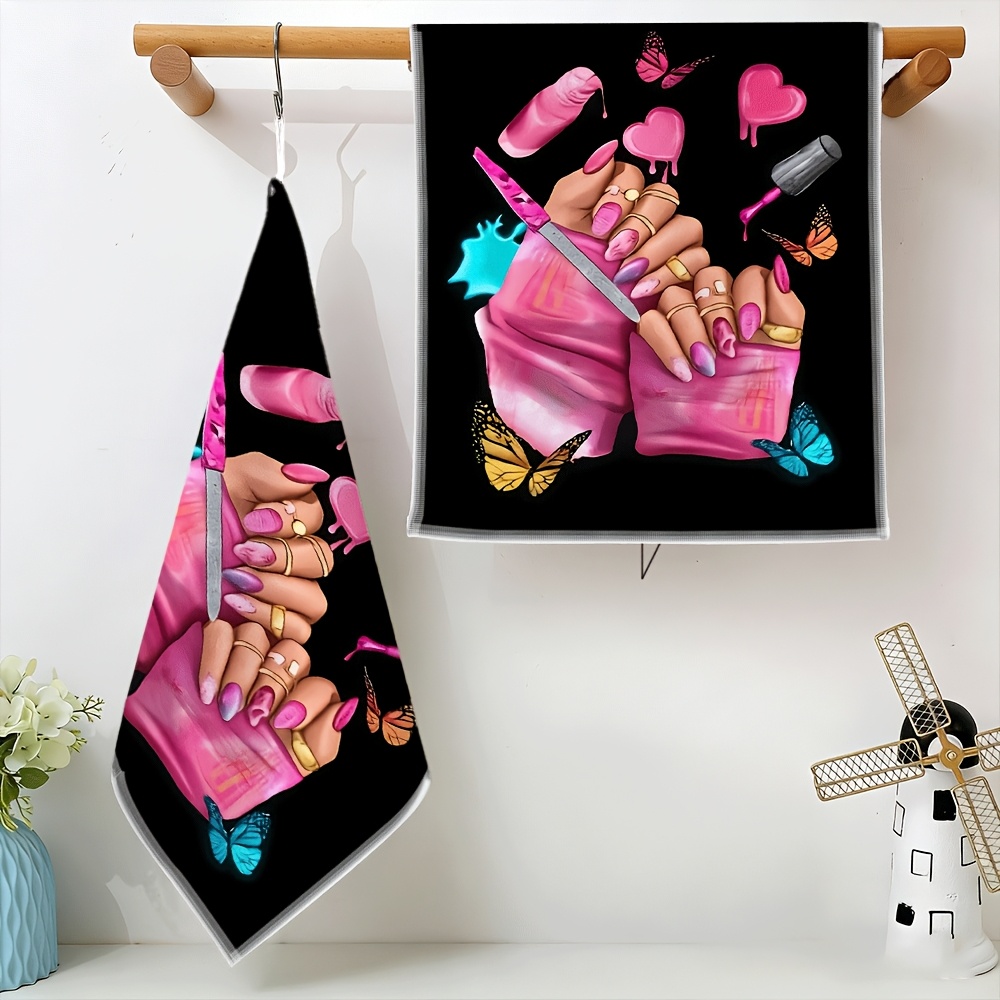TEMU 2pcs, Nail Art Theme, Polyester Material Kitchen Dish Towels, Bathroom Face Towels, Suitable For Face Washing, Hand Drying, Dish Wiping,