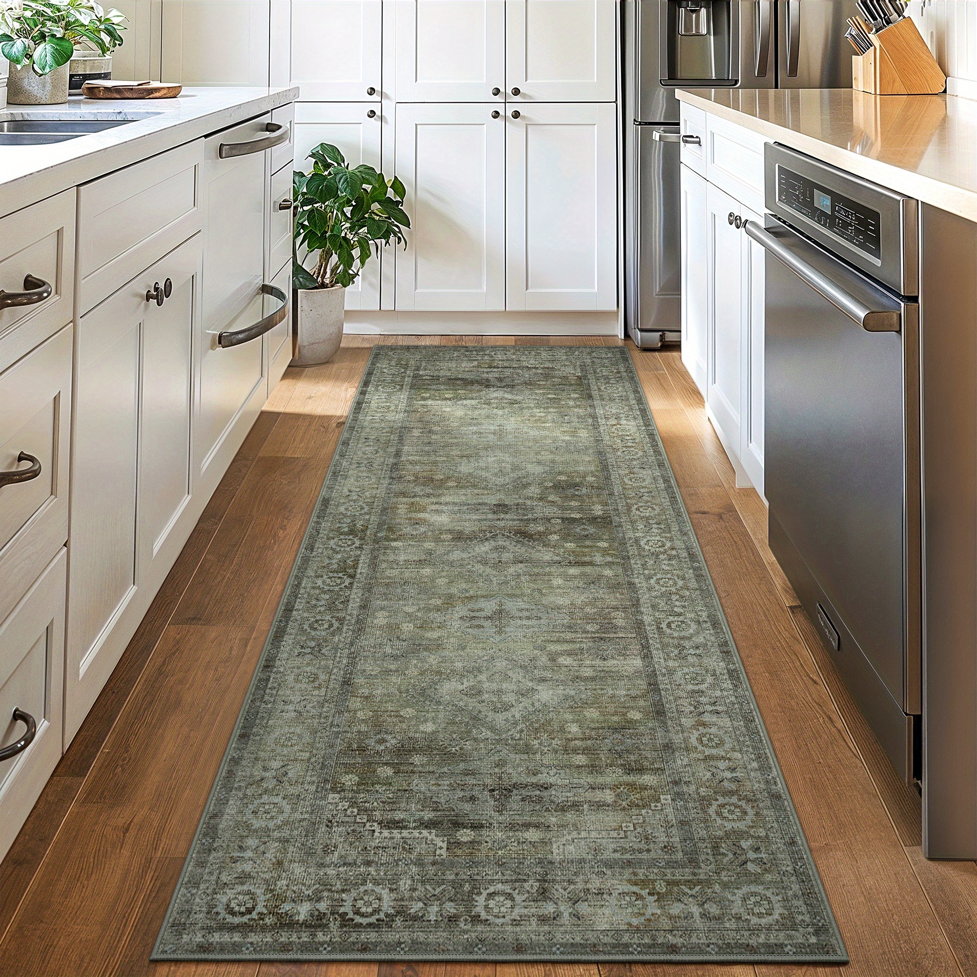 TEMU Runner Rug 2'x5'/ 2'x7'/ 2'x10'machine Washable - Non-slip Boho Vintage Carpet For Hallway, Kitchen & Entryway, Ultra-thin Low Pile Floor Mat (sage)
