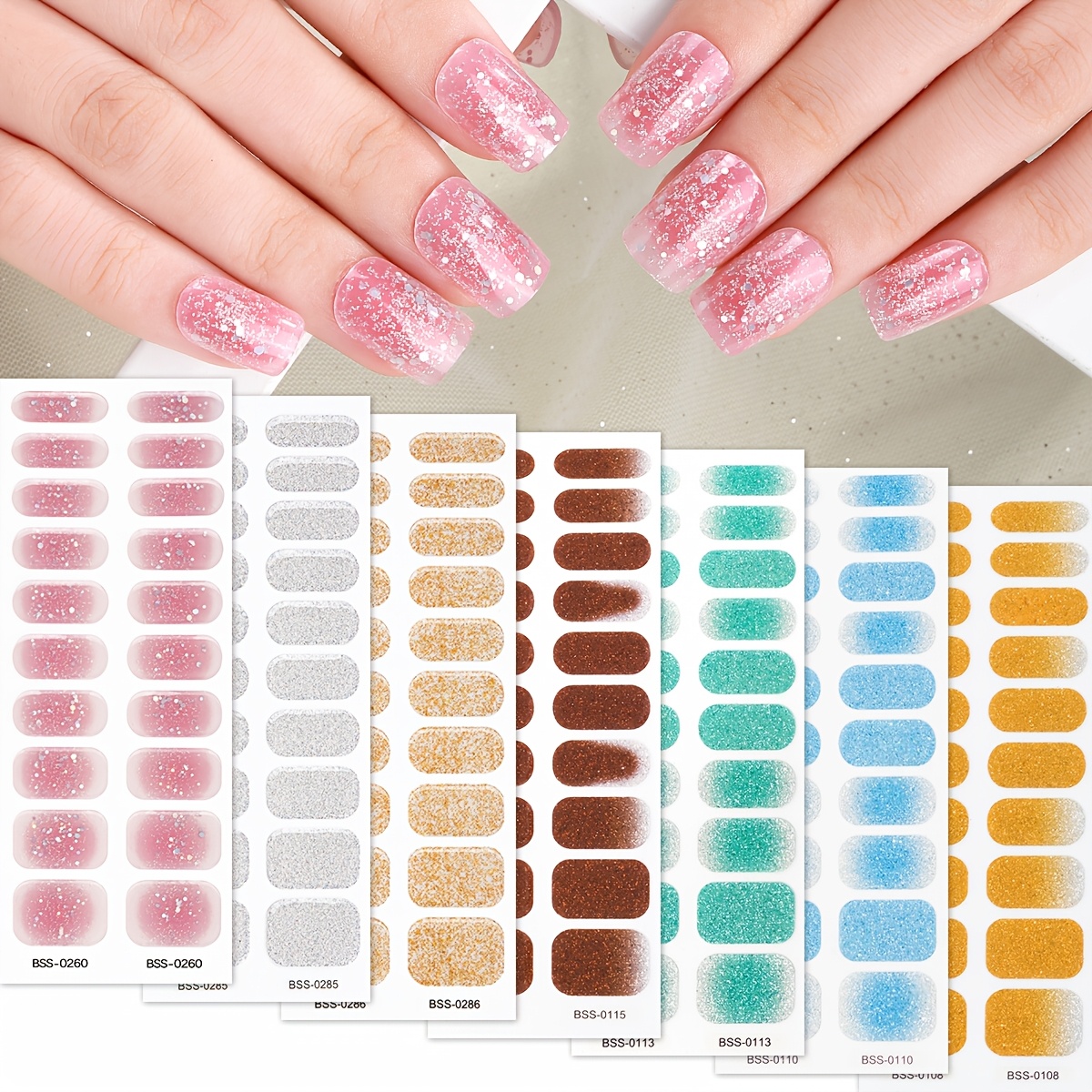 

140 pièces de bandes de gel semi-durci à paillettes, autocollantes, avec lime à ongles, lampe UV requise, chatoyante, motif uni, plastique, alcool, pour un par les femmes et .