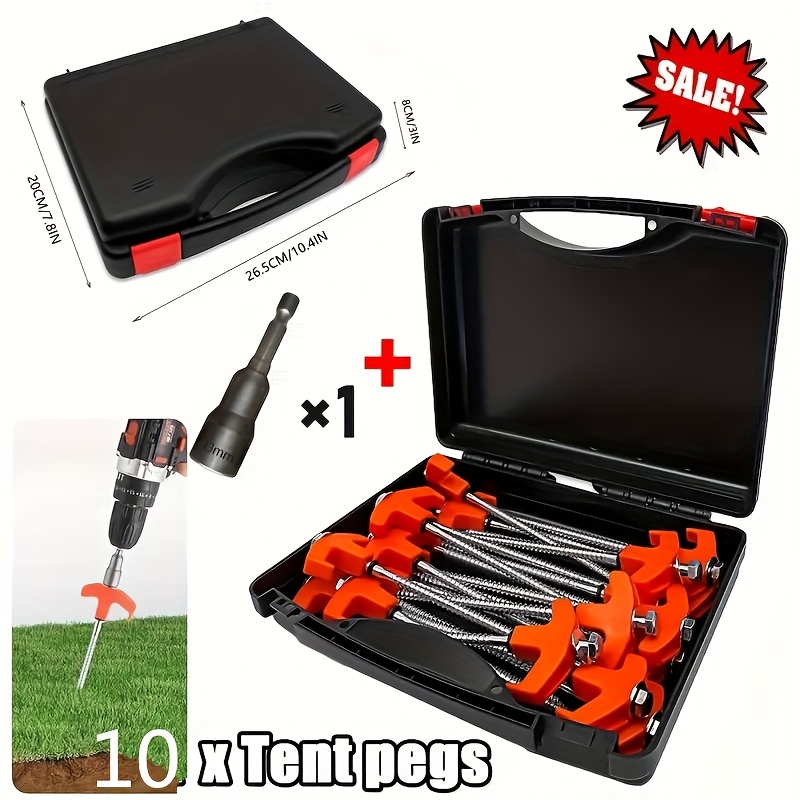 10pcs Heavy Duty Screw Tent And Awning Nail Set - , No Hammer Required, Outdoor Camping Safety, Includes 1 Sleeve And 1 Plastic Box