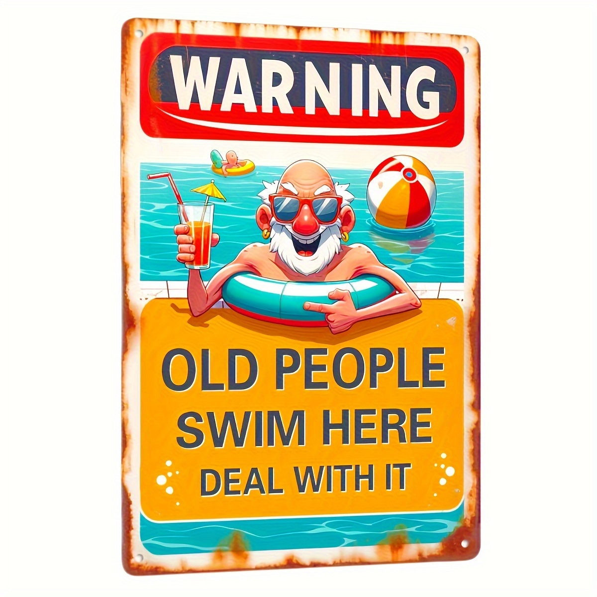 

Vintage Style Metal Warning Sign "old People Swim Here" - Decorative Wall Hanging Tin Plaque For Farmhouse, Home, Pool Area, Indoor/outdoor Use - No Electricity Needed, Rustic 1pc (12x8 Inches)