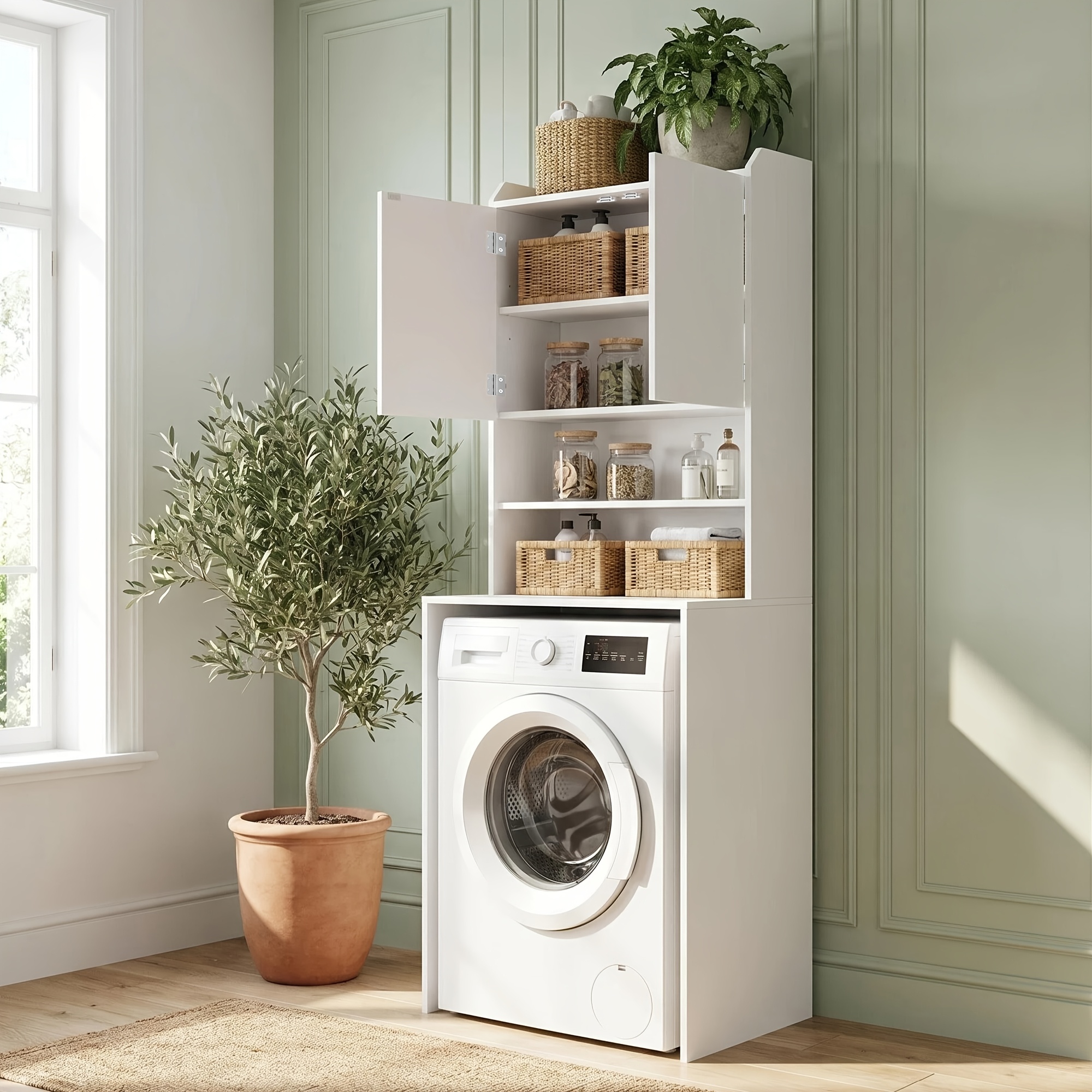 Neat Bathroom Storage Solution Perfect For Photography: White Double-door Washing Machine Top Cabinet With Adjustable Shelves And Moisture-proof Design. 51×66×186cm