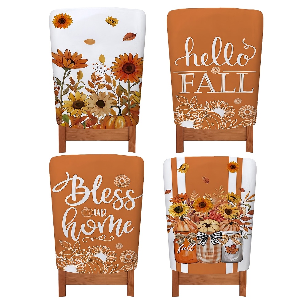 TEMU 4pcs Chair Back Cover Protector, Rustic Farmhouse Orange Floral Fall Autumn Dining Chair Covers For Kitchen Home Decor, Fall Thanksgiving Home
