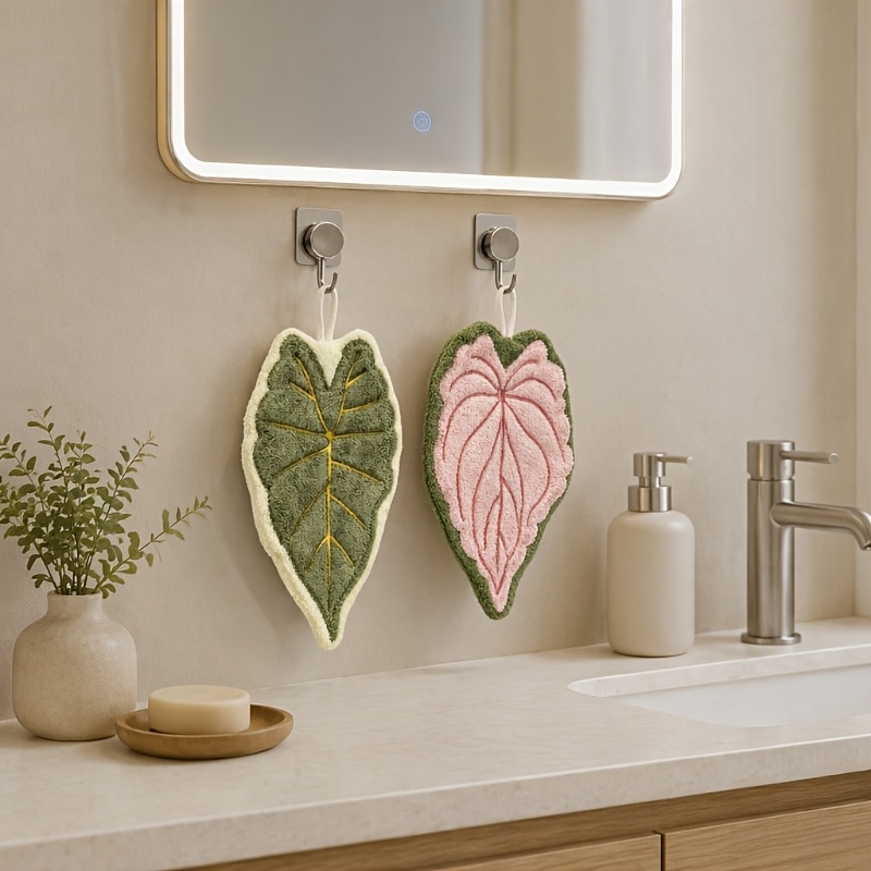 TEMU 2-pack Cute Leaf-shaped Hand Towels – Fleece Absorbent Hanging Hand Towels, Tropical Plant Design Decorative Fingertip Towels For Bathroom,