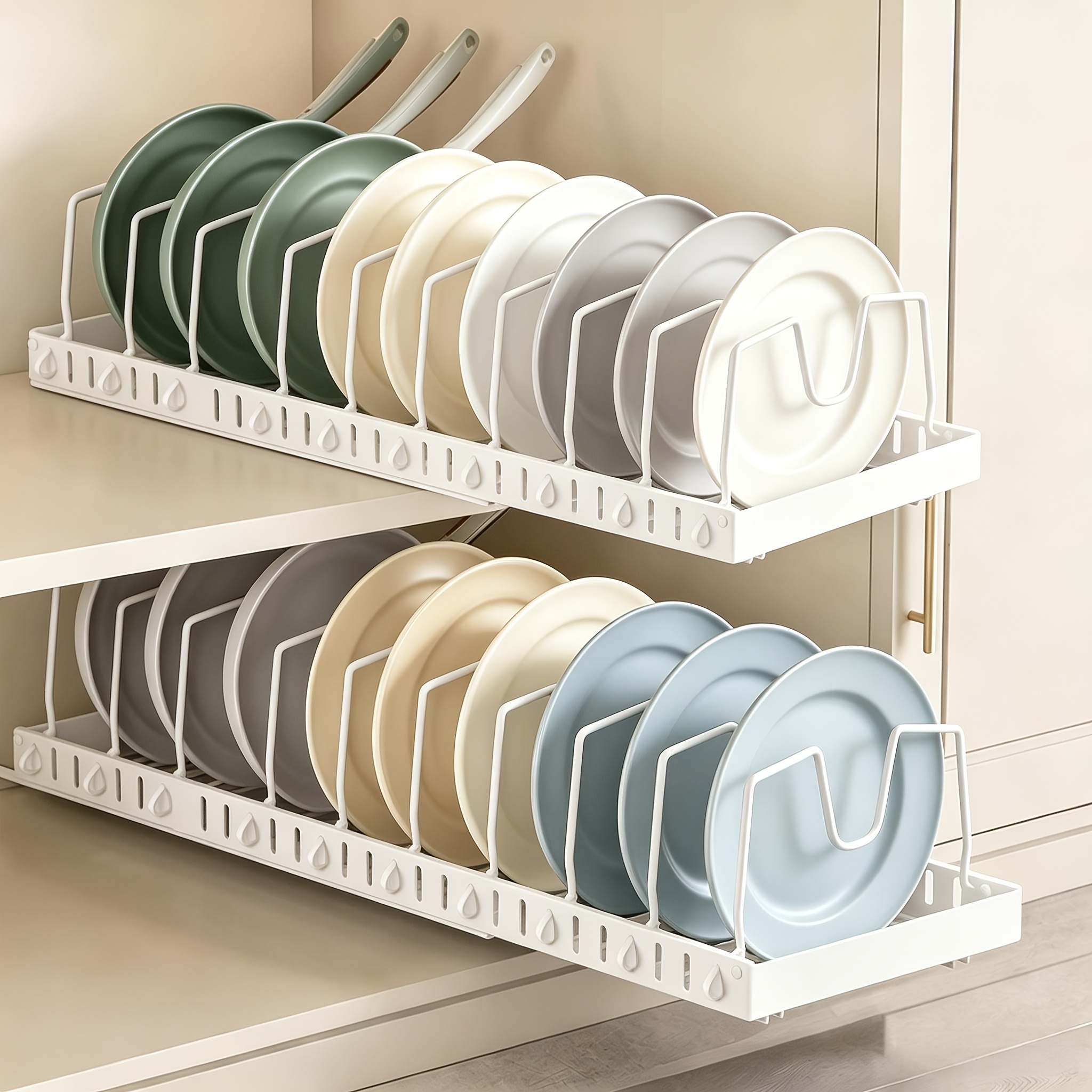 2pcs Retractable Pull-out Cabinet Organizer, Sliding Kitchen Shelf With 10 Adjustable Dividers, Suitable For Storing Pots, Pans, Lids, And Plates (black, White)