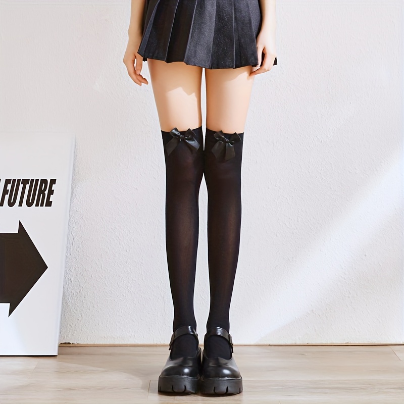 bow decor thigh high stockings college jk style over the knee socks womens stockings hosiery