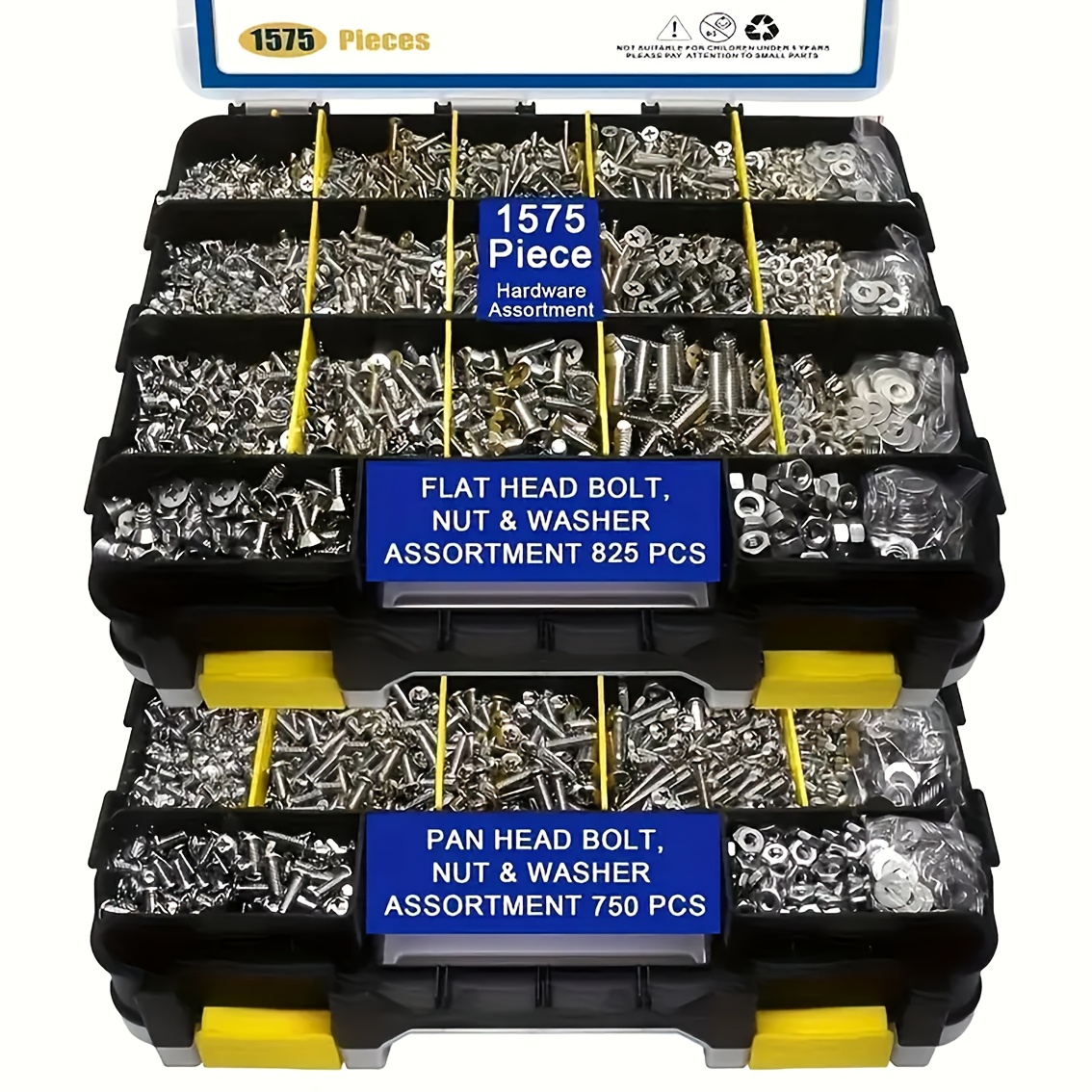 Juego de destornilladores de 1575 piezas, acero inoxidable, tornillos Phillips y planos con caja de almacenamiento de doble cara, incluye aros y pernos de acero, caja organizadora duradera, suministros de hardware para el hogar.