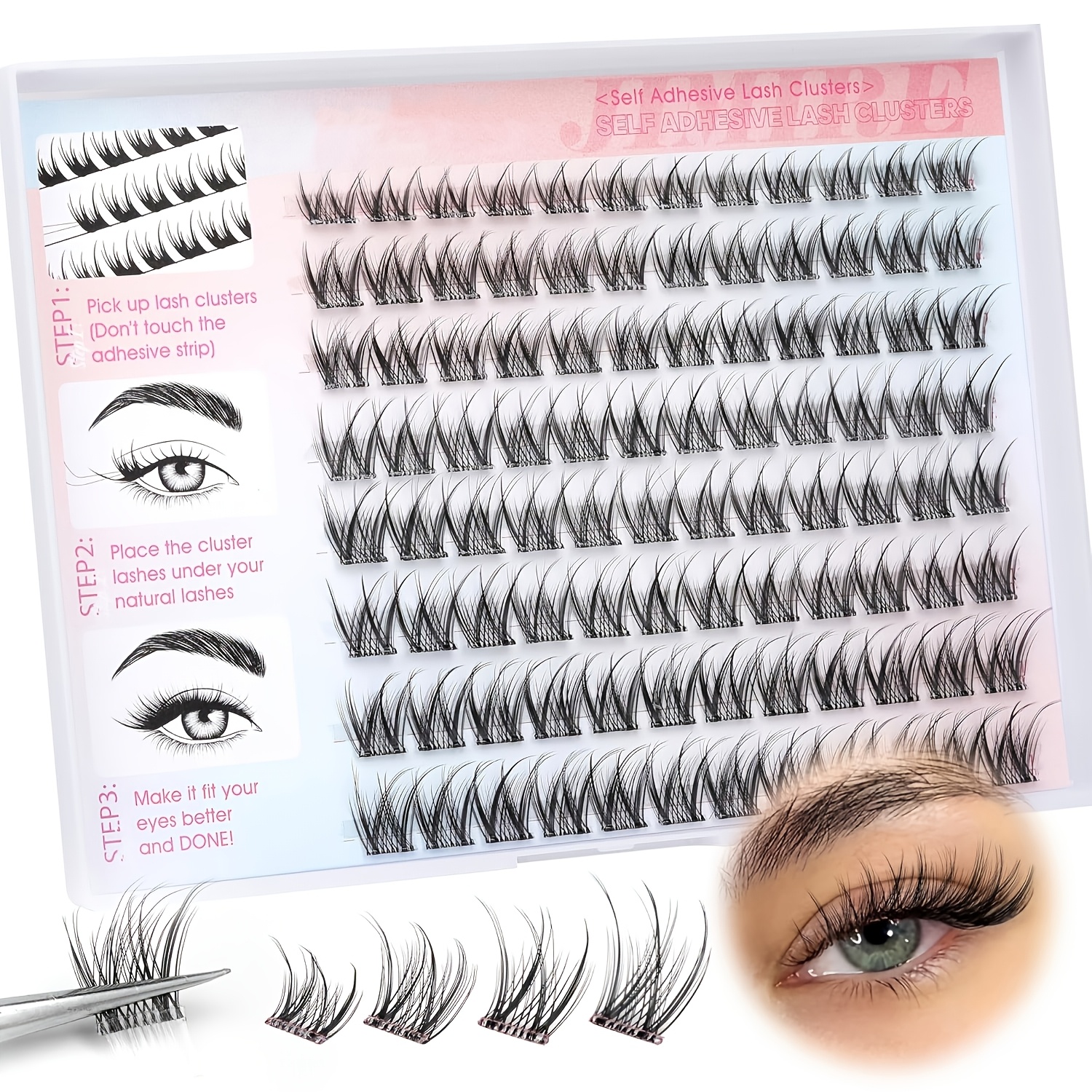 Self-adhesive False Eyelashes, Fluffy Lash Clusters, Lightweight, No Glue Needed, Self-adhesive Eyelash Clusters, Press-on False Eyelashes, 8-14mm Pre- Lash Clusters, Easy To Apply, 96pcs Per Pack