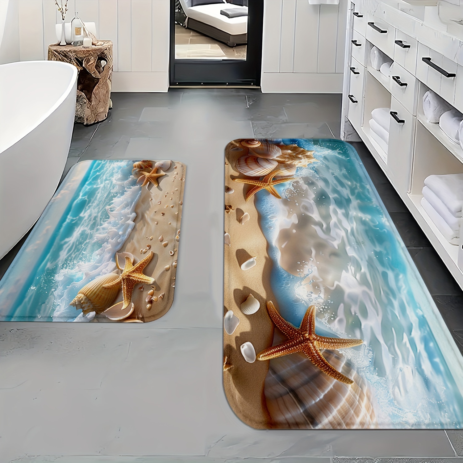 

Beach & Ocean Theme Bath Mat Set, Non-slip Polyester Knit Washable Floor Rugs, Machine Made Nautical Bathroom Carpets, Seashell And Wave Design, Essential Home Decor Accessories