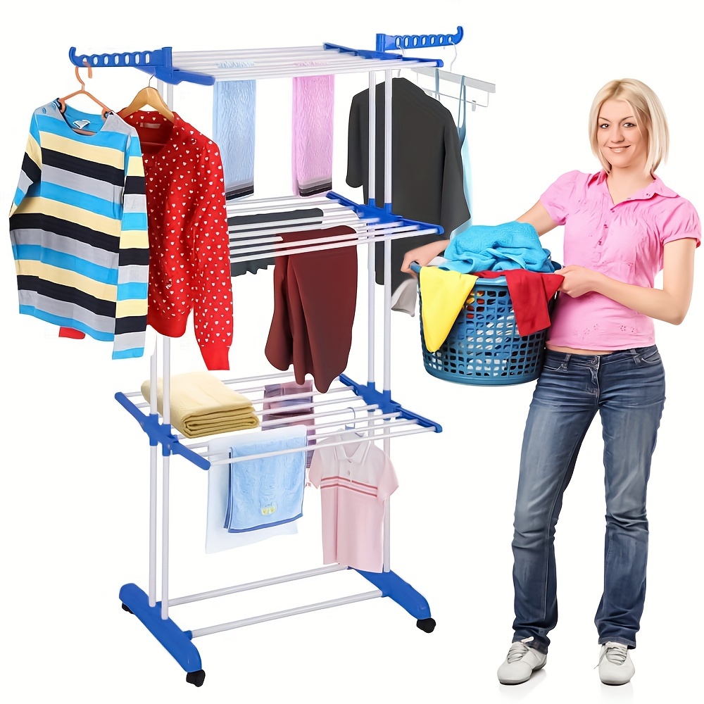 TEMU 1pc Floor Standing Drying Rack, Movable Telescopic 3-layer Towel Rack, Multi-functional Household Balcony/outdoor Folding Drying Clothes Rackclothing(roller Type)