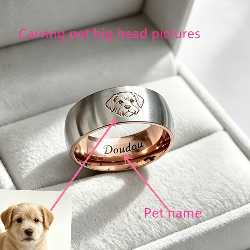 TEMU [customization] Customized Pet Portrait Carving Ring, Stainless Steel Brushed Ring, Personalized Pet Portrait Commemorative Jewelry, Pet