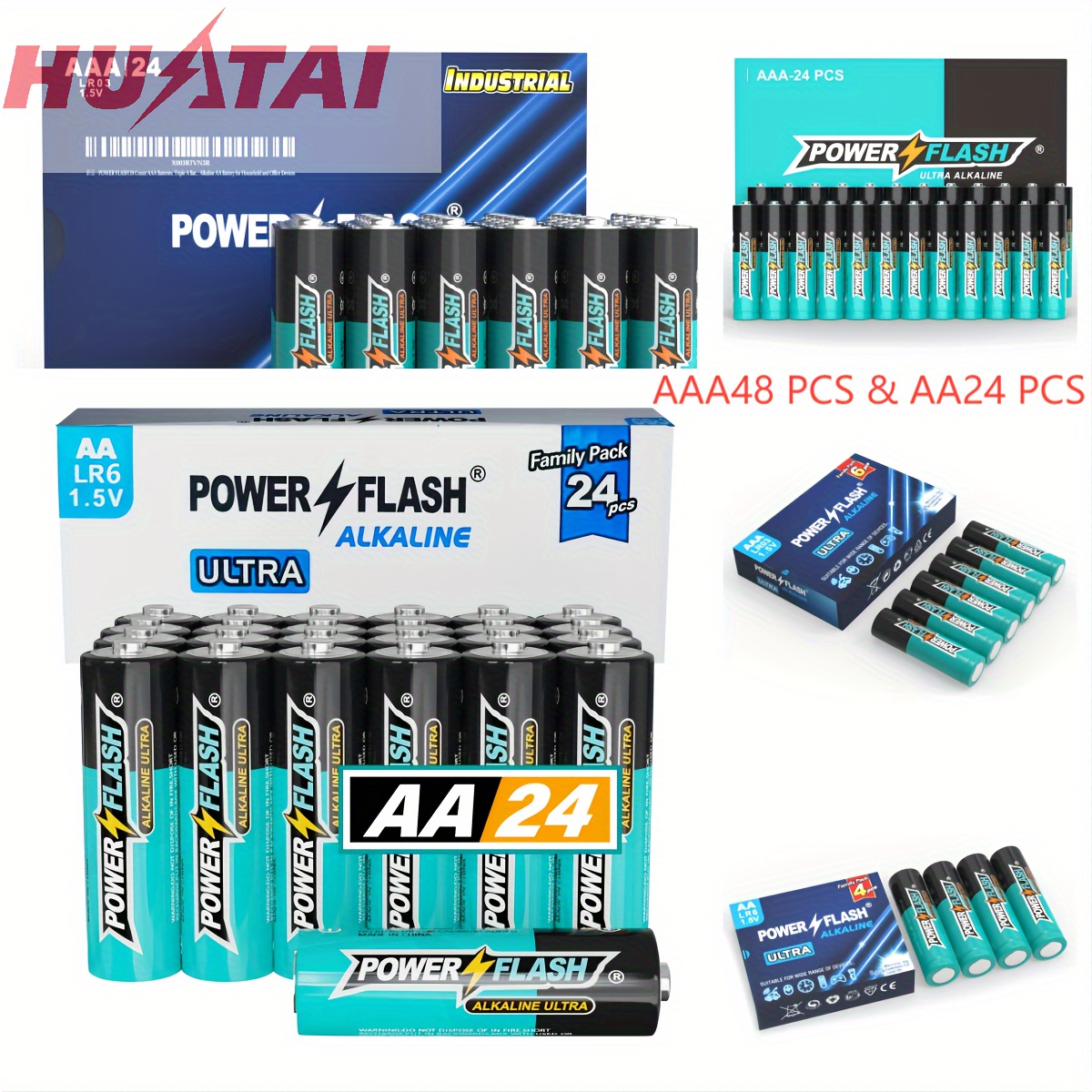 

Huatai Powerflash Alkaline Long-lasting Batteries, Value Pack, Set Of 48 Aaa And 24 Aa Batteries For Various Household Device