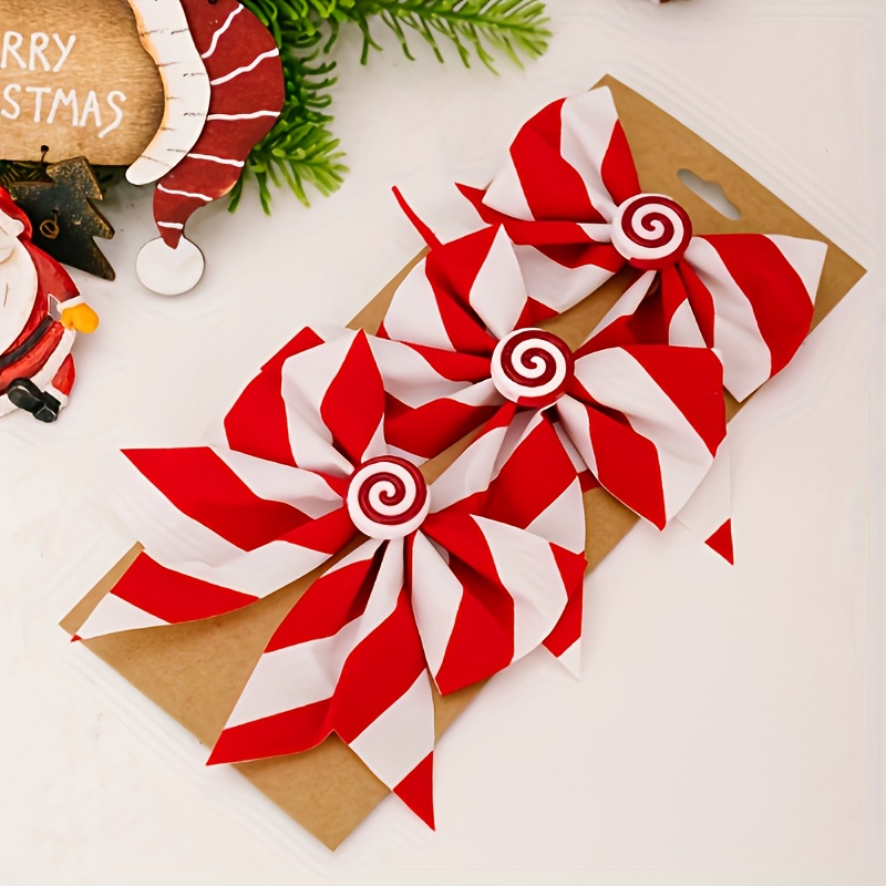 Image of 3pcs/6pcs Christmas Decorative Bows, Christmas Tree Ornaments, Red And White Striped Candy Decorations Halloween