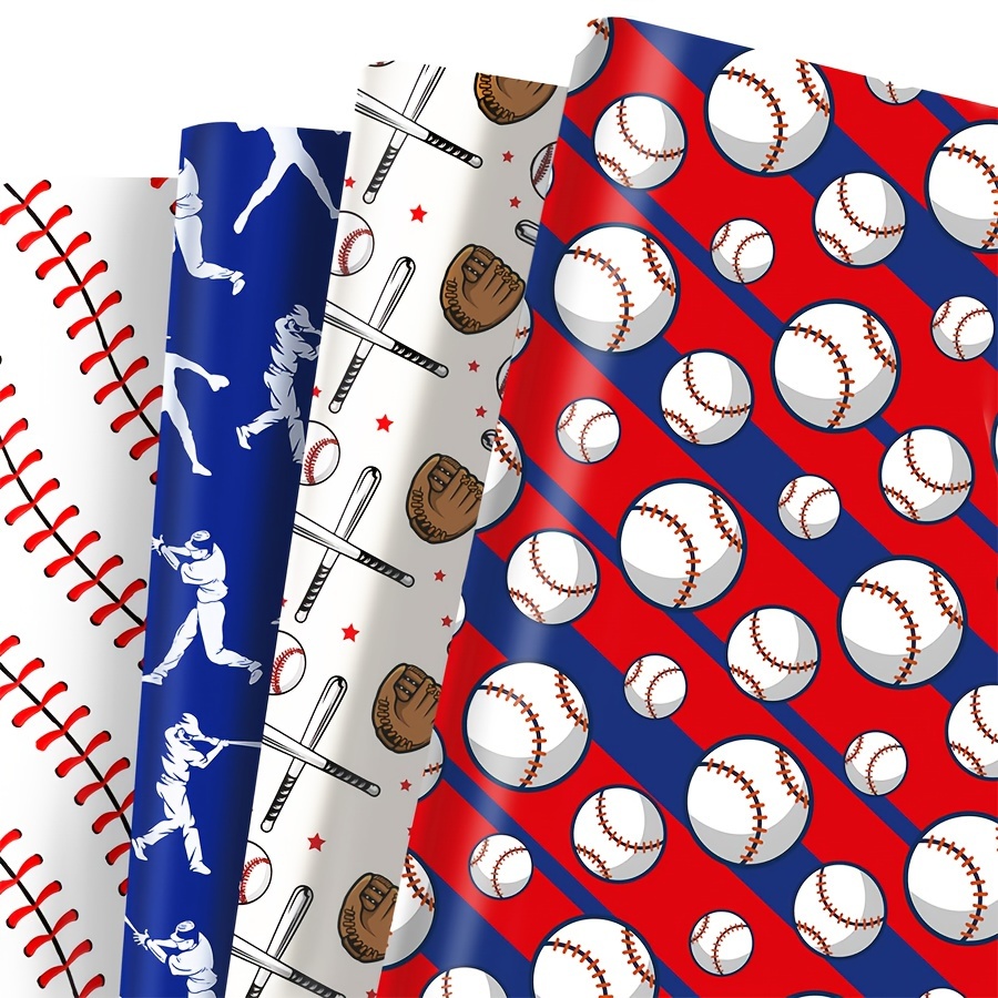 

4-pack Baseball-themed Wrapping Paper, Superhero Sports Design, 19.7 X 27.6 Inches, Red, Blue, White Gift Wrap For Birthday Parties, Diy Crafts, And Sports Events