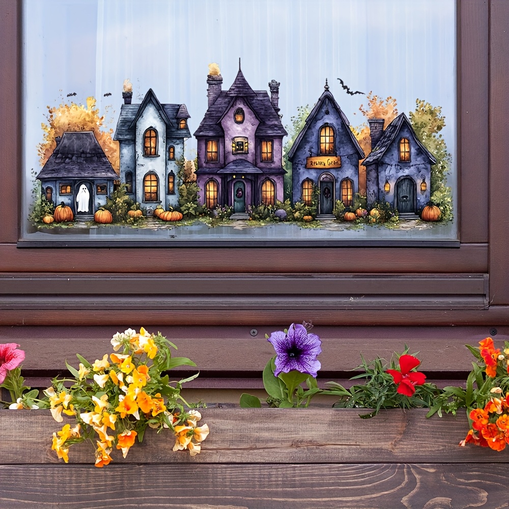 Image of 2d Flat, 2d Flat Halloween Decor Stickers Castle Window Decoration Gothic Purple Mansion Stickers For Glass Doors Windows Clings Halloween Home Removable High 25*58cm/9.8*22.8inch, 2d Flat