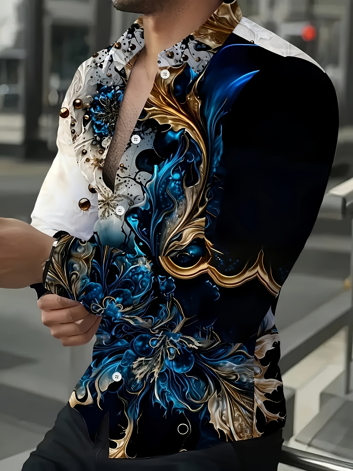 mens casual long sleeve shirt with unique print polyester machine washable   spring and fall   Product details 0
