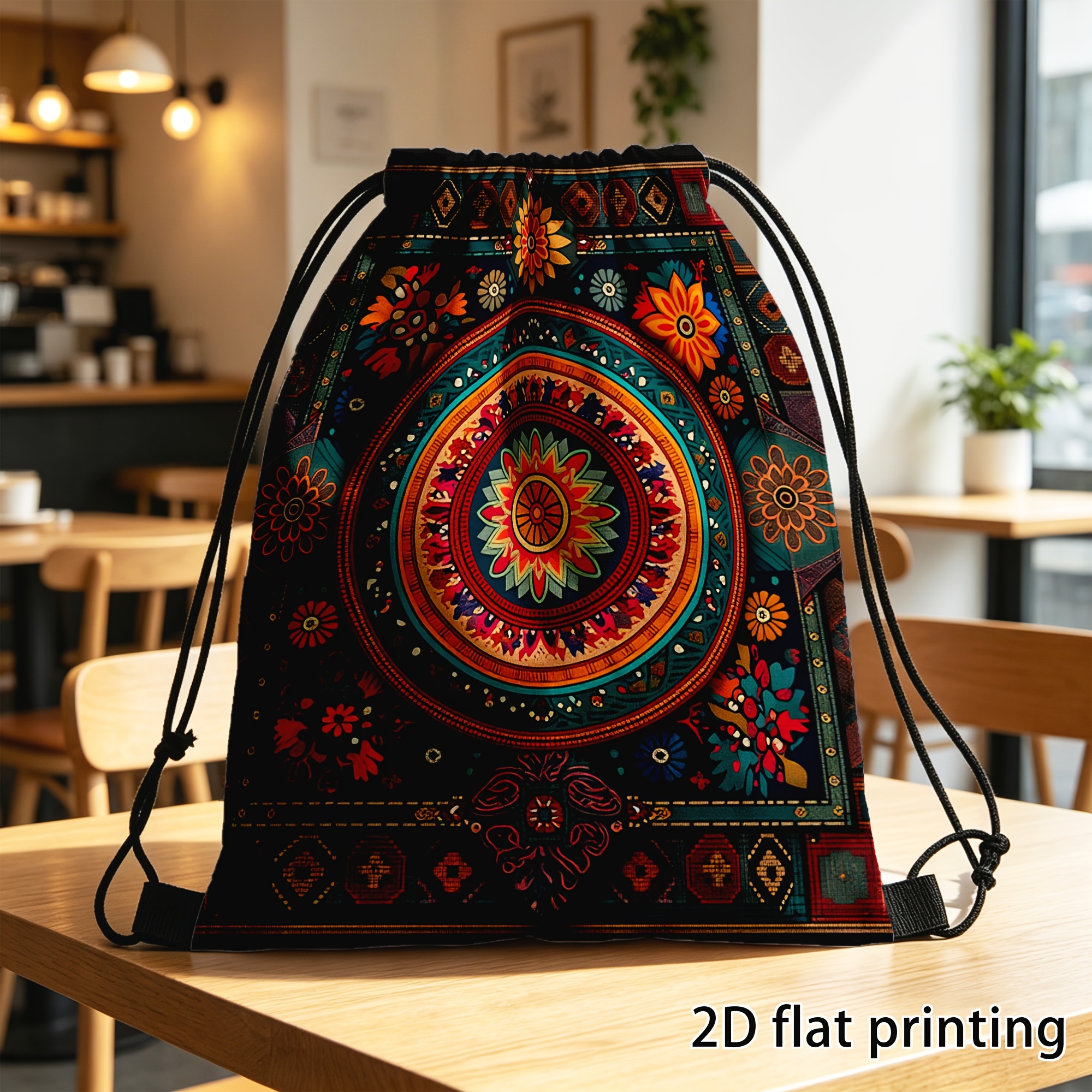 TEMU Impression , 2D plat, pack de 1, sac à cordon à motif mandala floral, unisexe pour un , avec des et une grande , idéal cadeau de sac à dos à