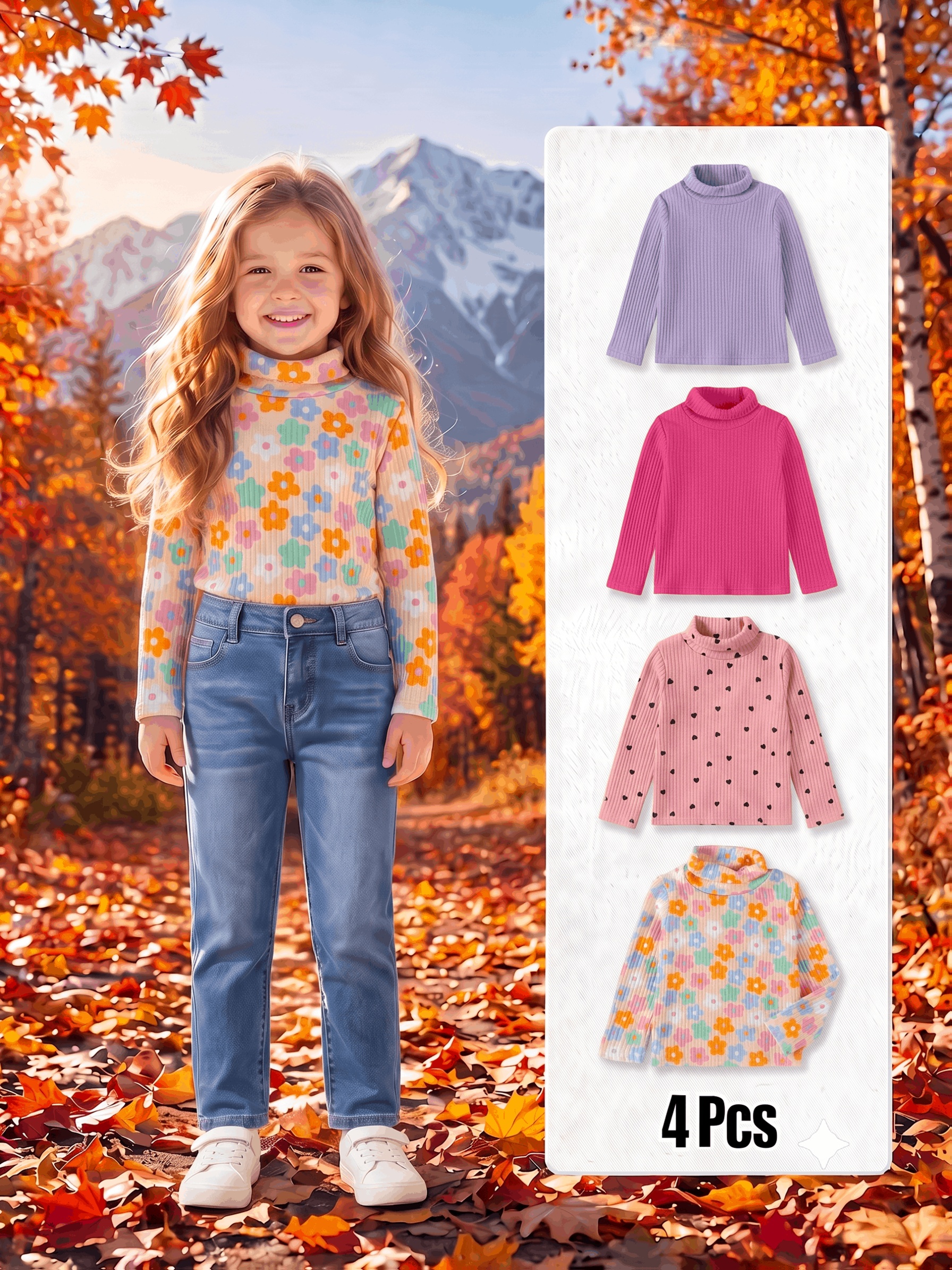 4pcs Girls' High-Neck Stylish Pullover Sweater Set, Autumn/Spring