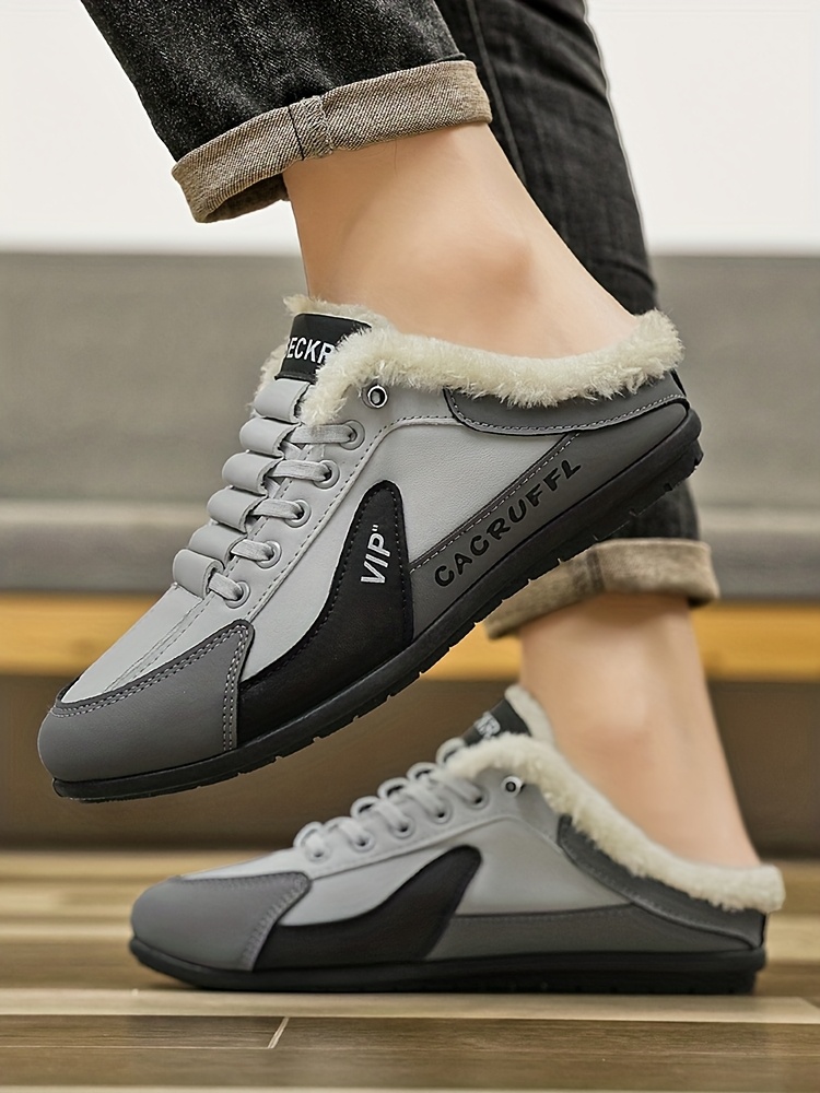 A pair of shoes with elastic band and velvet cover, warm and comfortable lining, suitable for outdoor street walking in winter, outdoor walking, indoor leisure and home use, Indoor Slippers, Round Toe Shoes, Slipon Design, Cozy Footwear, PVC Sole