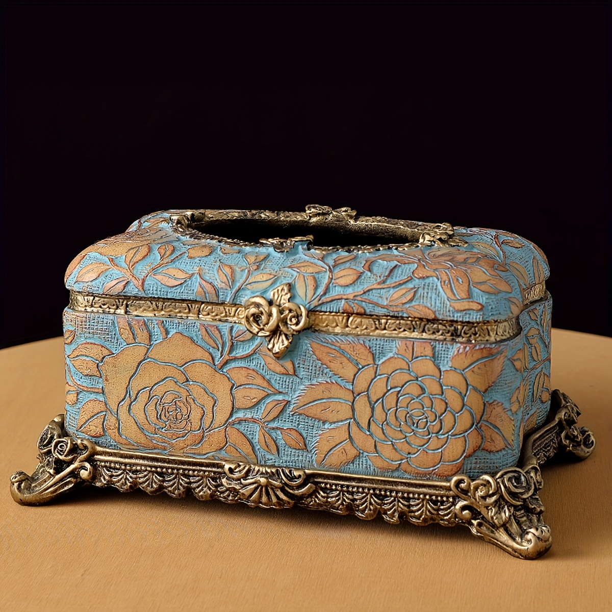 elegant floral resin tissue box holder square design with golden accents   bathroom desktop decor ideal christmas or halloween gift bathroom decor and accessories Product details 2