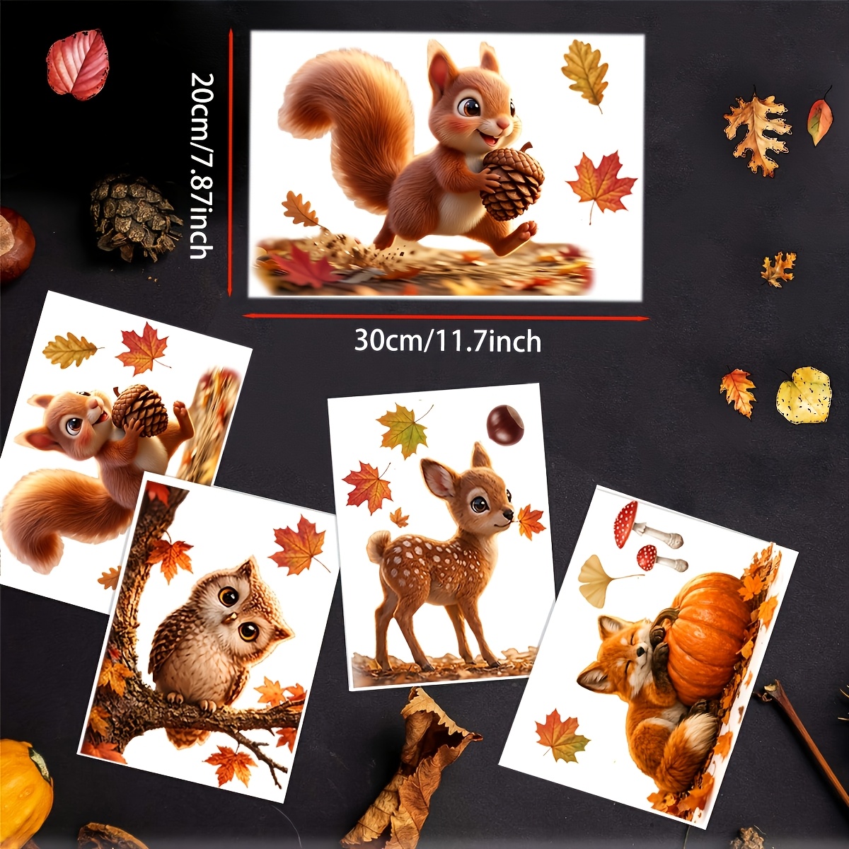 TEMU 2D Flat - 2D Flat - 4 Stück 2D Herbst Thanksgiving Ernte Blatt Fensteraufkleber - Ahornblätter, Nüsse, Fuchs, Eule, Hirsch Deko Aufkleber, PVC