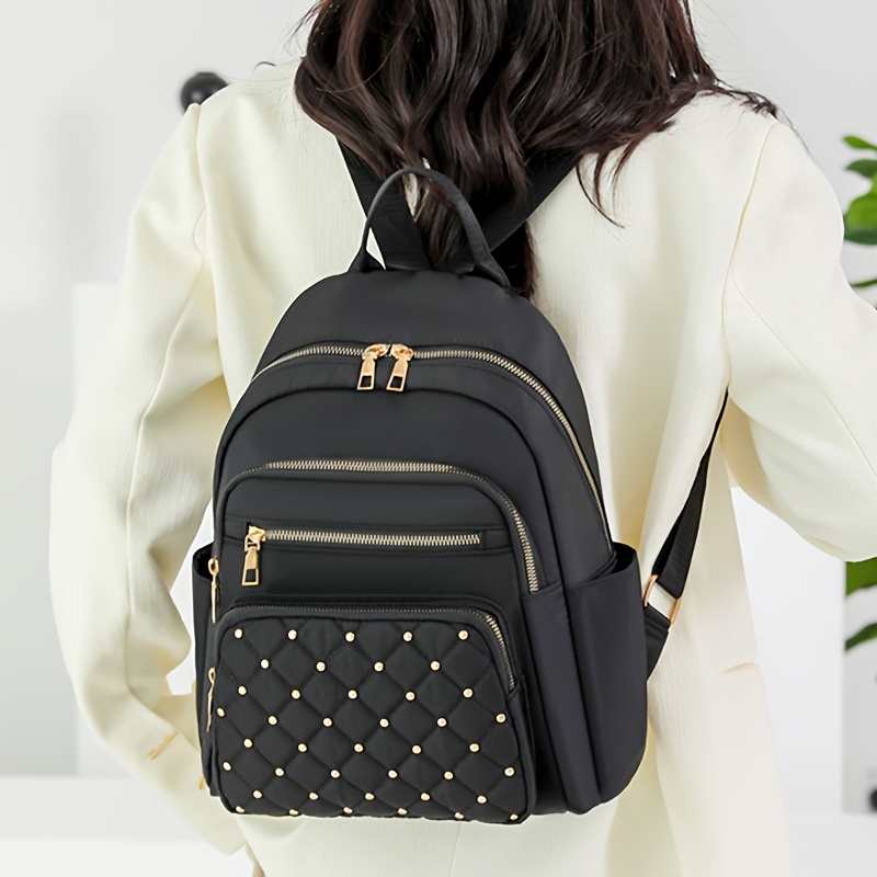 

2025 Women' Travel Backpack - Casual Large Capacity With Diamond Pattern Embroidery And Rivets, Nylon, Machine Washable