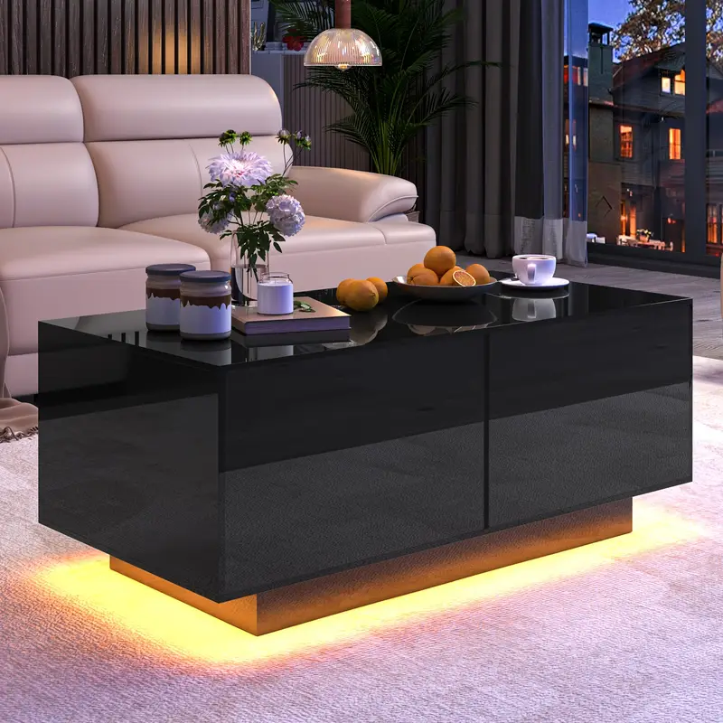 Coffee Table for Living Room, High Gloss Tea Table with 16-Color LED Lights, 2 Drawers Coffee Table for Living Room, High Gloss Tea Table with 16-Color LED Lights, 2 Drawers