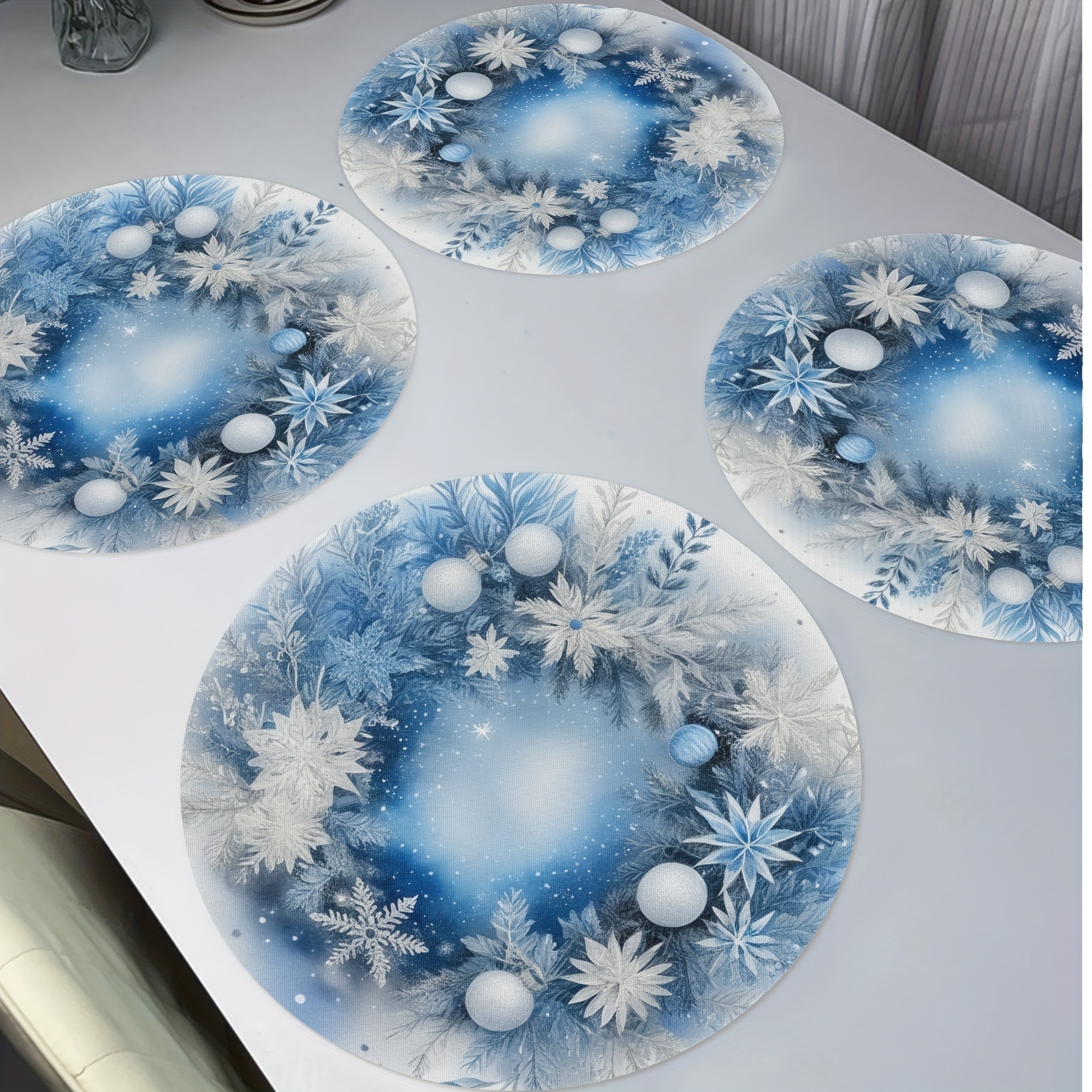 TEMU 4-piece Christmas Placemats Set - Non-slip, Knitted Polyester, Round Table Mats For Holiday Decor - Winter Design, 15" Diameter, Only - Home & Kitchen Dining Accessory