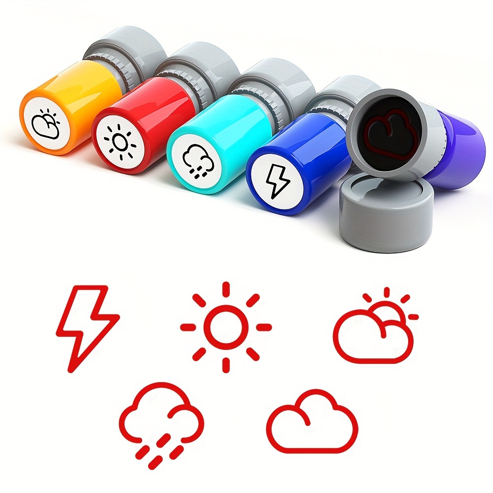 

5-piece Weather Stamp Set, Round Abs Self-inking Teacher Reward Stamps, Cartoon Sun, Cloudy, Rainy, Lightning Icons For Classroom Praise, English Language Motivational Stamps