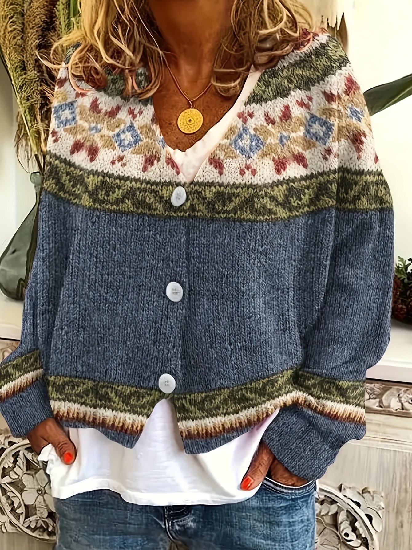 imagen del artículo cárdigan casual de mujer con bloques de color -   de tela  , cierre de botones, lavable a máquina -   para otoño e invierno