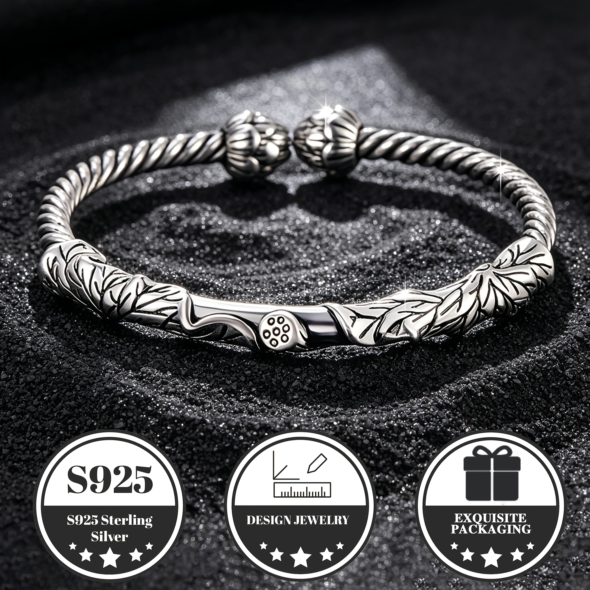 Image of S925 925 Silver Chinese Style Open Cuff Bracelet, Lotus And Engraved Silvery Bangle, Hypoallergenic Antitarnish Fine Jewelry For Daily Wear, Ideal Birthday Valentine's Day Gift For Men And Women