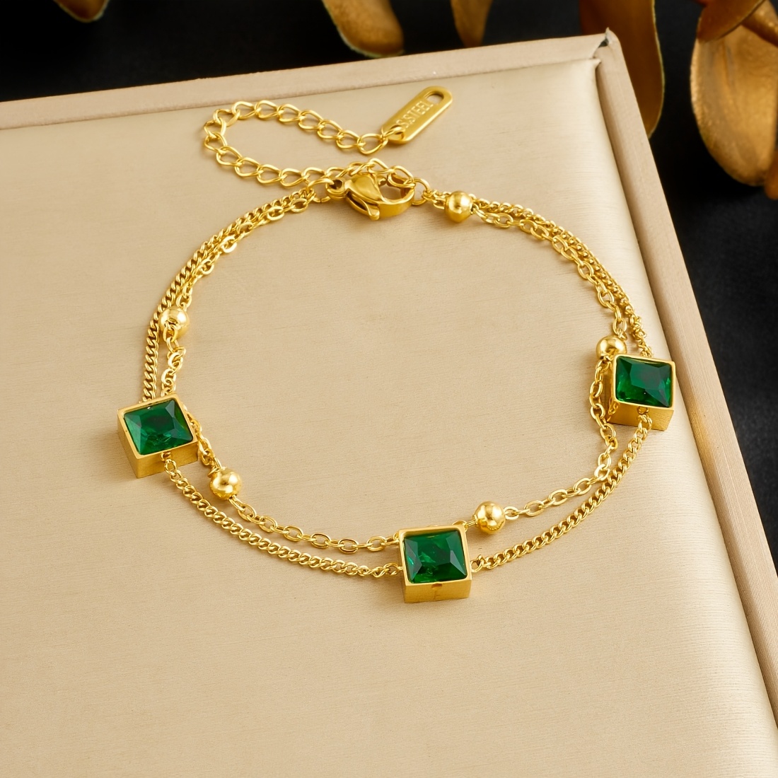 304 Stainless Steel Women's Bracelet Golden Double-layer Chain Green Square Glass Pendant Fashionable  Party Jewelry Gift