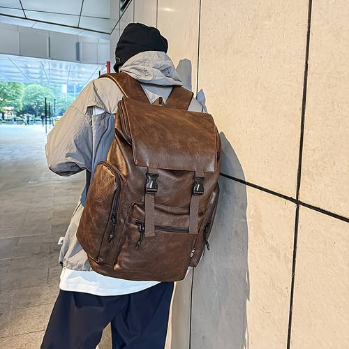 unisex pu backpack vintage flap casual large capacity multi pockets laptop backpack for men women business use