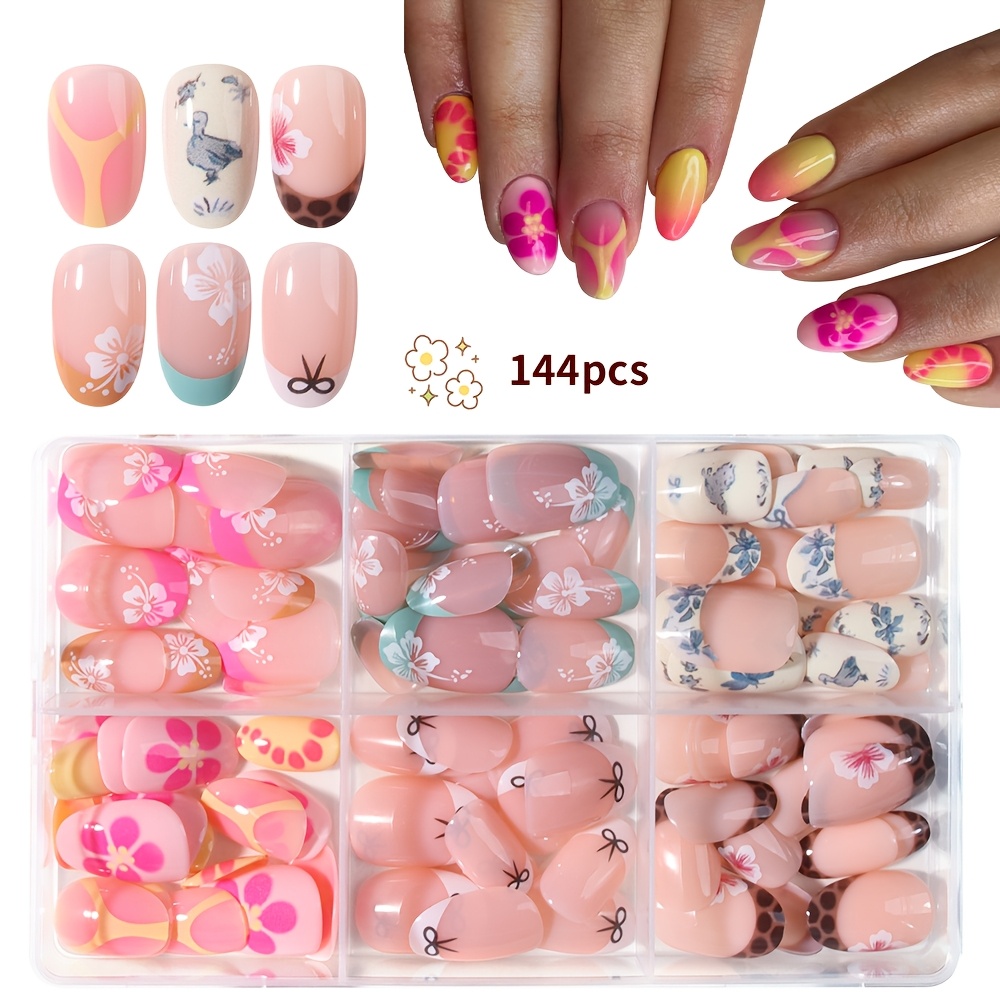 Image of Leopard Print Floral Bow Painted Design Finger Nail Sticker Set, 144pcs Short Oval Nail Art Combination Kit, Includes Free Jelly Glue And Nail File, A Gift For Women And. Get With