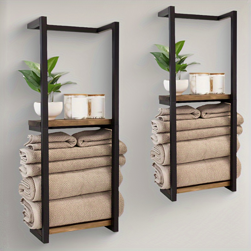 

1set 6-tier Rustic Wooden Organizer With Metal Frame - Wall-mounted Towel And Accessories Rack, Multi-purpose Space-saving Home Decor, Durable Wood And Metal Construction