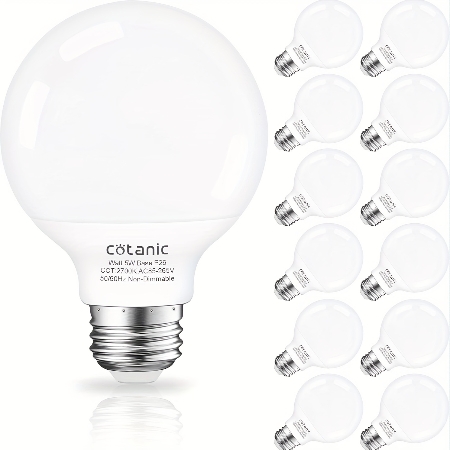 

G25 Light Bulbs For Bathroom, E26 Standard Base, 5w (60 Watt Equivalent Incandescent Replacement), 500lm, Non-dimmable, 12-pack Vanity Light Bulb 2700k Warm Withe