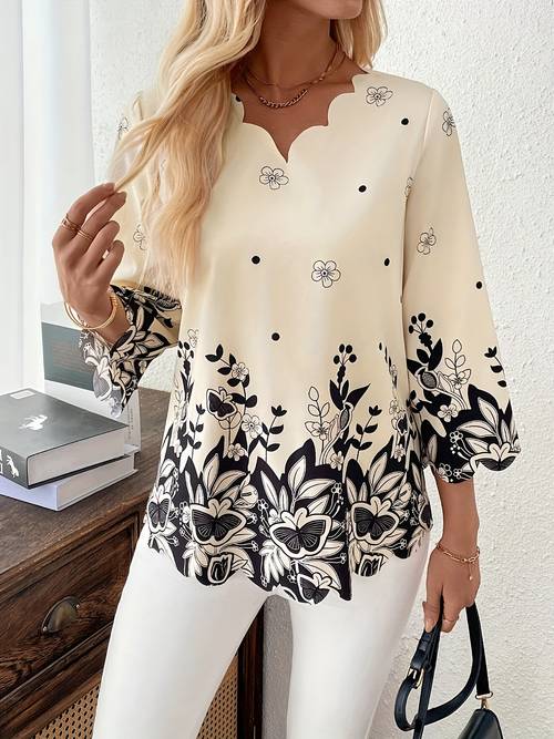 plus size - plus size - plus size damenhemd, lockere bluse mit floralen prints und ausgestellten ärmeln, bürohemd, 3/4-arm-top