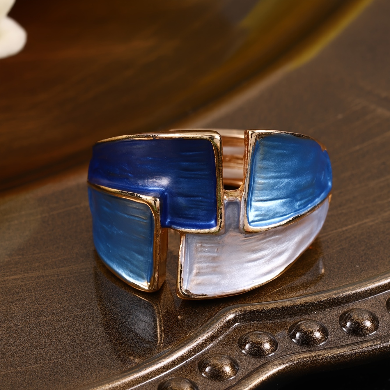 TEMU 1pc Vintage French Style Geometric Ring, Elegant Blue Enamel Ring Jewelry, Romantic Accessory For Women, Birthday Or Holiday Gift