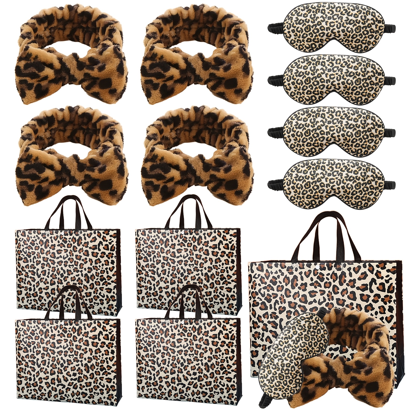 12-teiliges leopardenmuster-spa-party-geschenkset - enthält 4 augenmasken, 4 kunstfell-stirnbänder, 4 tragetaschen - ideal für geburtstag, hochzeit, brautparty-geschenke für frauen - kein strombedarf, federlos