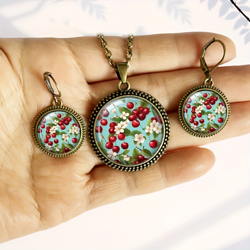 3pc Bohemian Cherry & Antique Bronze Jewelry Set, Gift