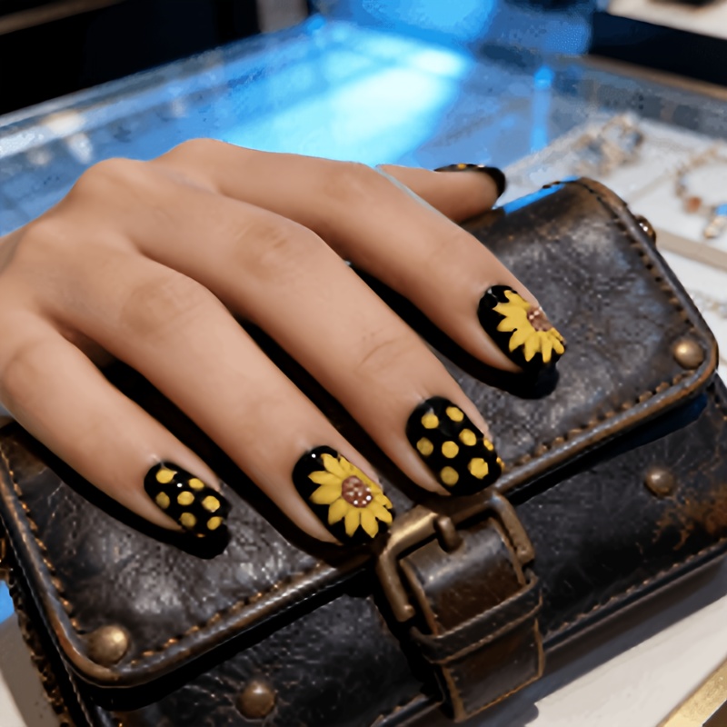TEMU Short Style, Square Shape, 24pcs Nail Tips, Sunflower Pattern, Detachable, Press-on Nails, Artificial Nails, Handcrafted Nail Patches, Gel Type,