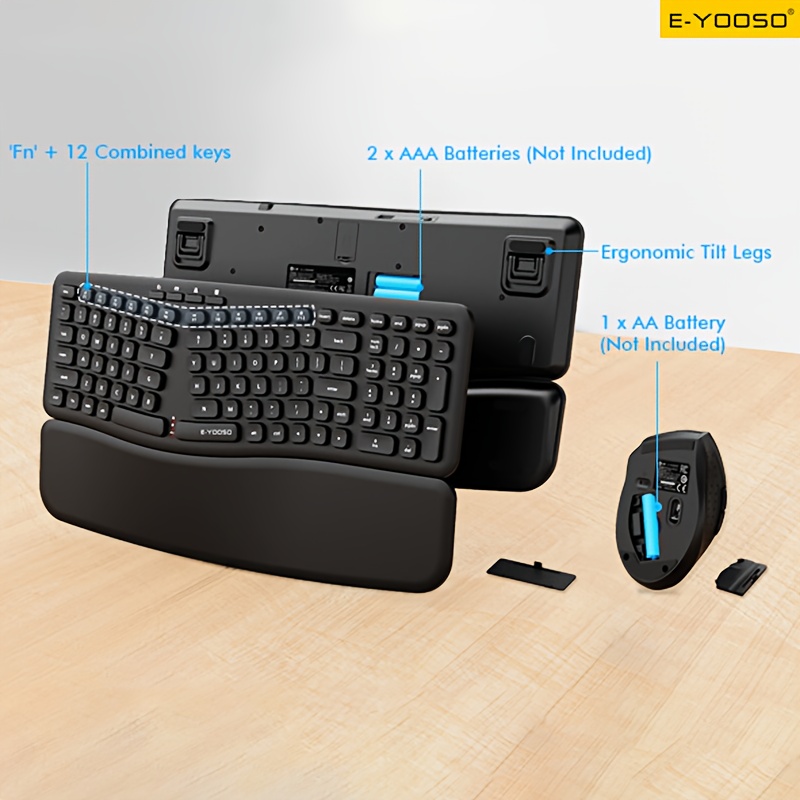 E-YOOSO 2.4G Wireless Keyboard and Mouse Set with Receiver and Wrist Rest, Ergonomic Low Battery Alert, Self-sleep Mode, Silent Key Operation, Comfortable Gaming and Office Dual-purpose Keyboard and Mouse Set (without Battery)
