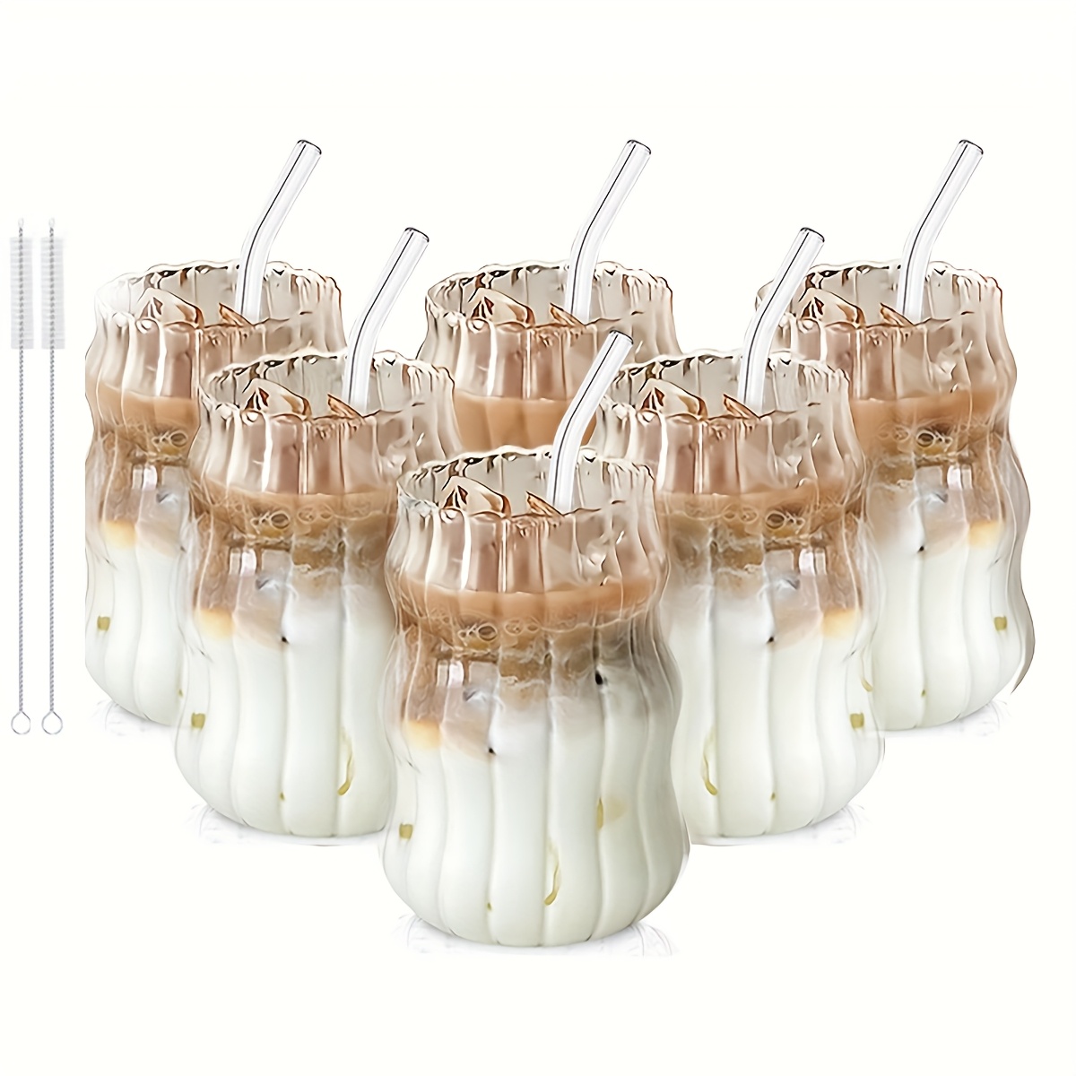 TEMU 6pcs Glass Coffee Mug With Straw, Design, Office Minimalist Mug, Great For Iced Coffee And Drinks, Commercial Coffee Mugs, Mugs, Home Drinkingware, Holiday Gifts, Free Straw Cleaning Brush!