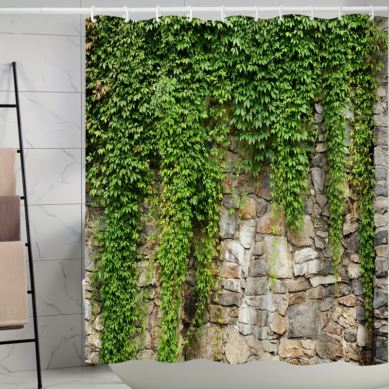 

1pc Waterproof Shower Curtain, With Greenery And Stone Pattern, Includes 12 Hooks, Polyester Woven Fabric, Country Cottage Style Bathroom Decor