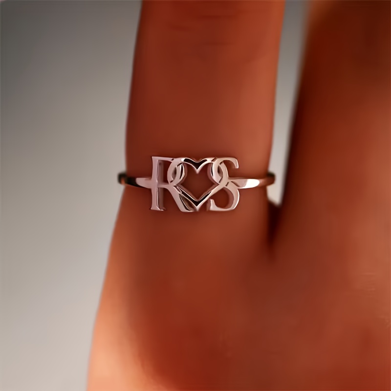 TEMU Custom Personalized Couple's Heart-shaped Ring - Custom Initial, 304 Stainless Steel, Wedding And Valentine's Day Gift, Romantic Party Jewelry,