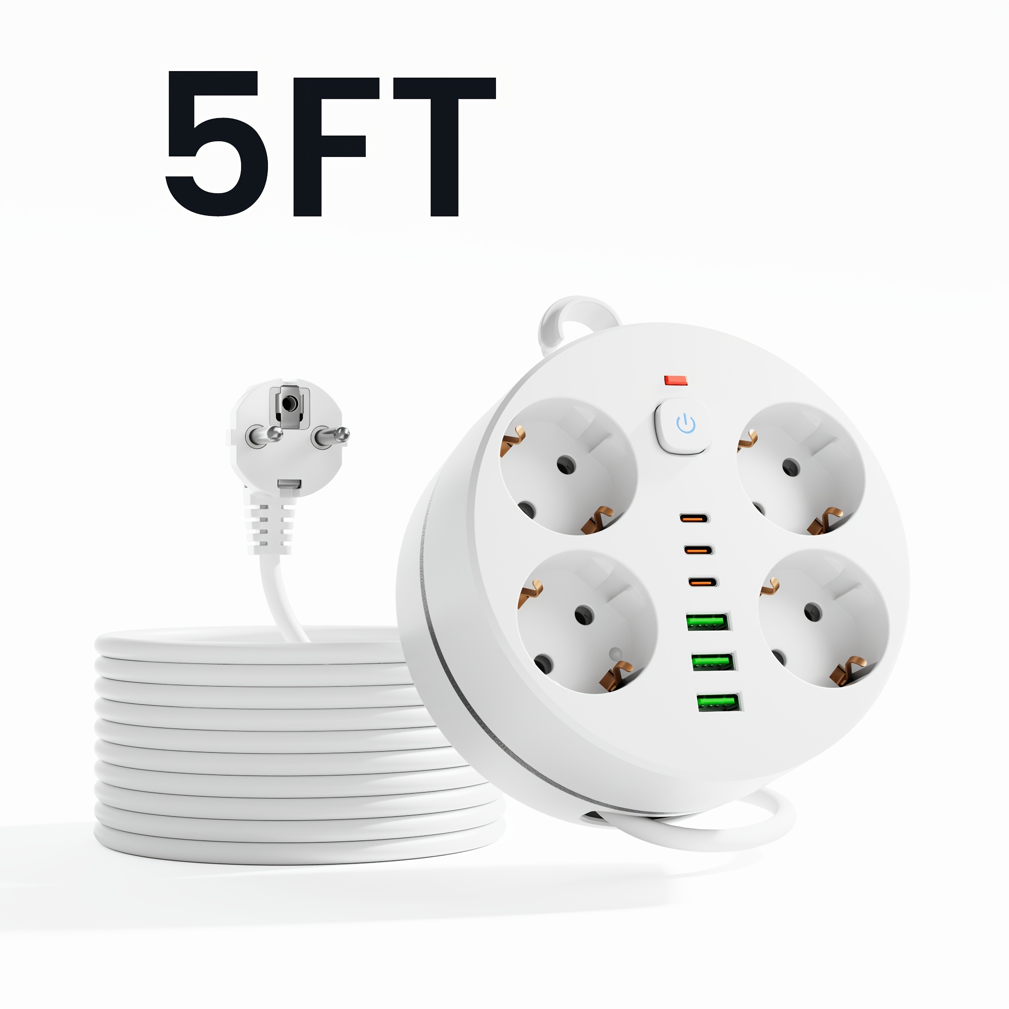 10-in-1 Eu Plug Power Strip With 4 Sockets, 3 Usb And 3 Type-c Ports. Retractable Cable & Hook Design. Ideal For School, Office, Home And Travel. In Black And White.