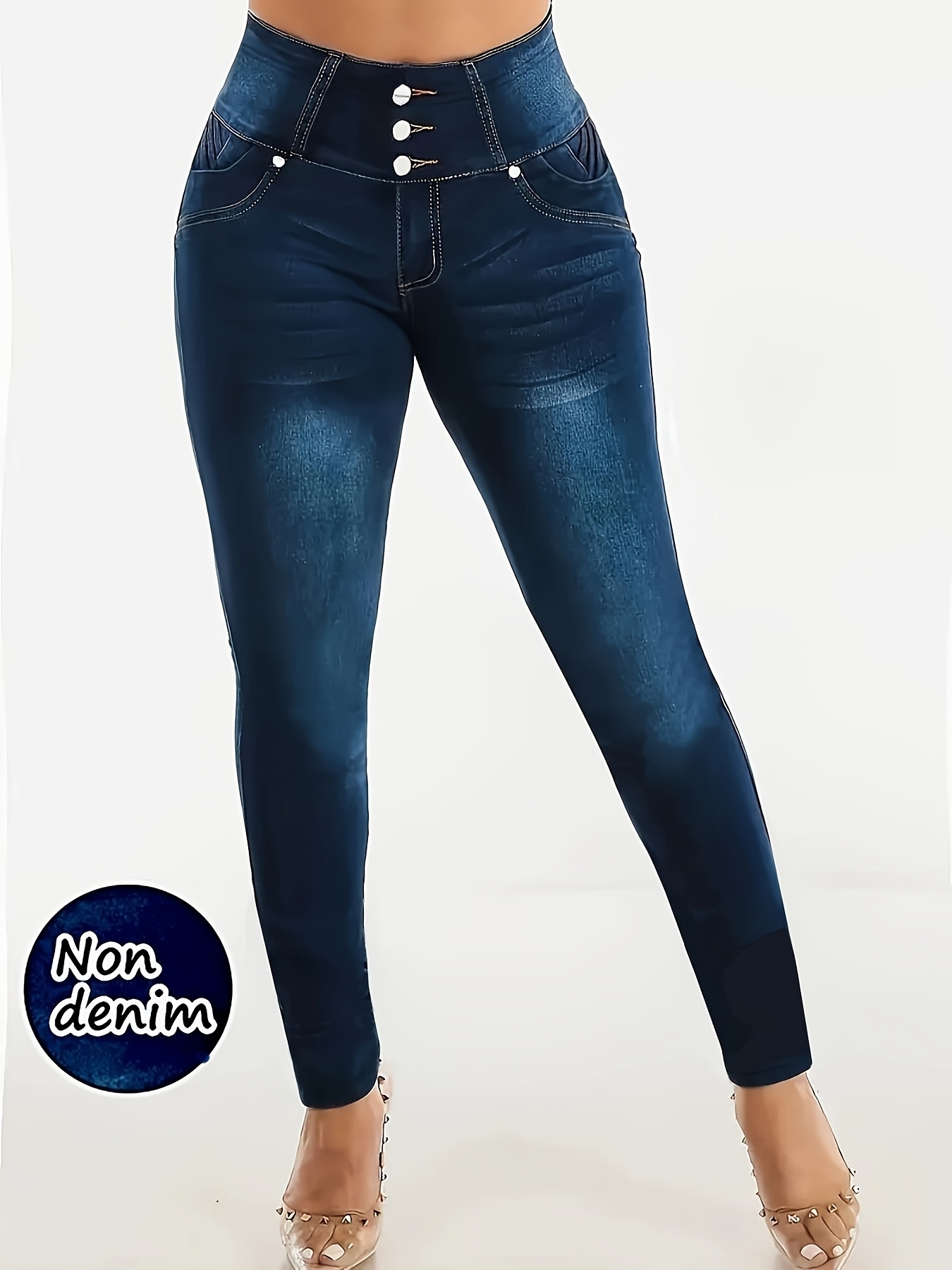 [Denim Print/Imitation Denim] Women's Elegant Stretch Imitation Denim Leggings - Slim-Fit All-Season High-Waisted Pants with Belt-Like Button Closure, Machine Washable Comfortable Tapered Design for Casual & Formal Outfits, Durable Casual Attire (Non-See-Through, Wrinkle-Resistant) - Adult Women's Fashion